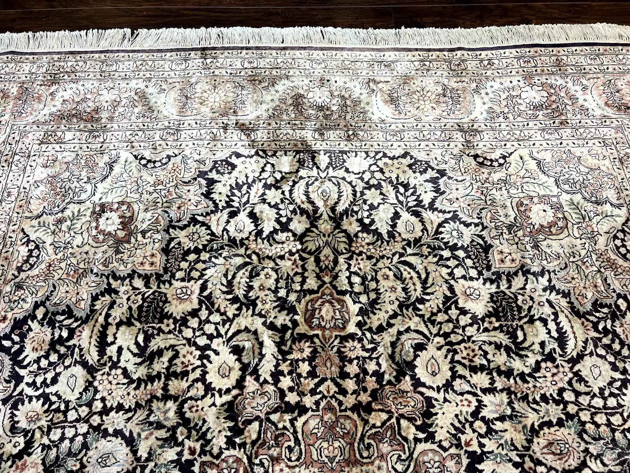 Silk Indian Kashmiri Rug 8x10, Floral Medallion, Indo Persian Carpet, Handmade Vintage Silk Rug by Jewel Rugs