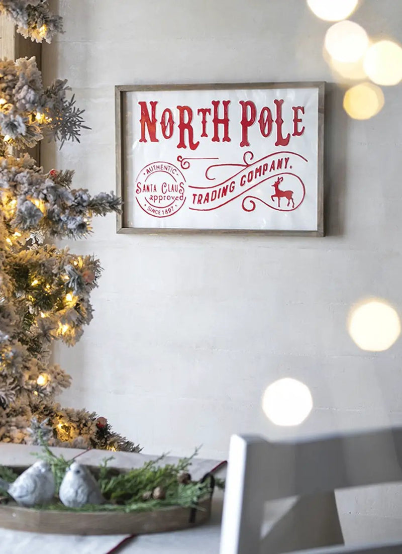 Iron / Wood North Pole Trading Company Wall Sign, For Christmas Holiday Table Wall Decor - White / Red by HouseOfZazla