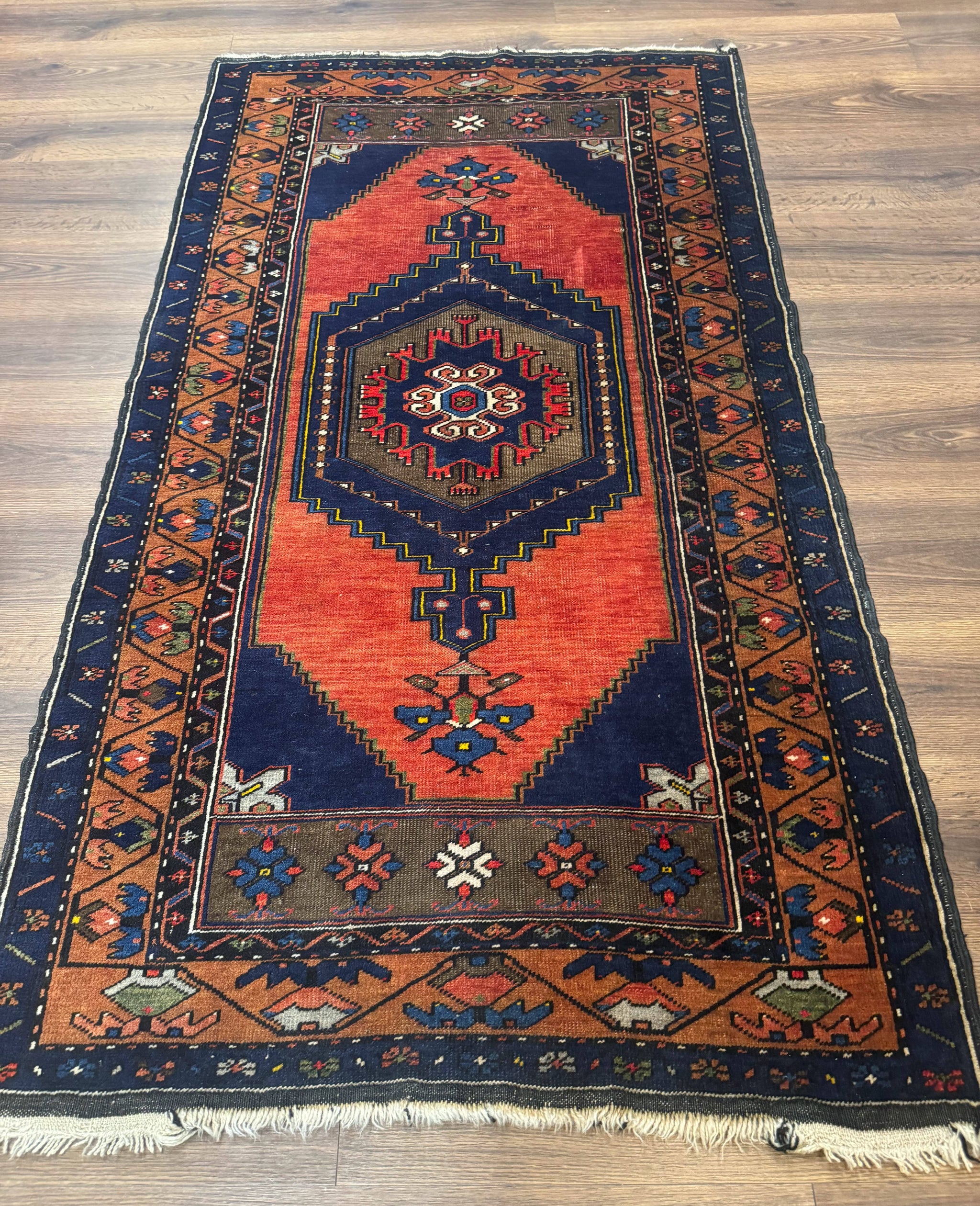 Persian Rug 3x6, Geometric Medallion, Village Tribal Rug, Terracotta and Navy Blue, Antique Nahavand Hamadan Rug by Jewel Rugs