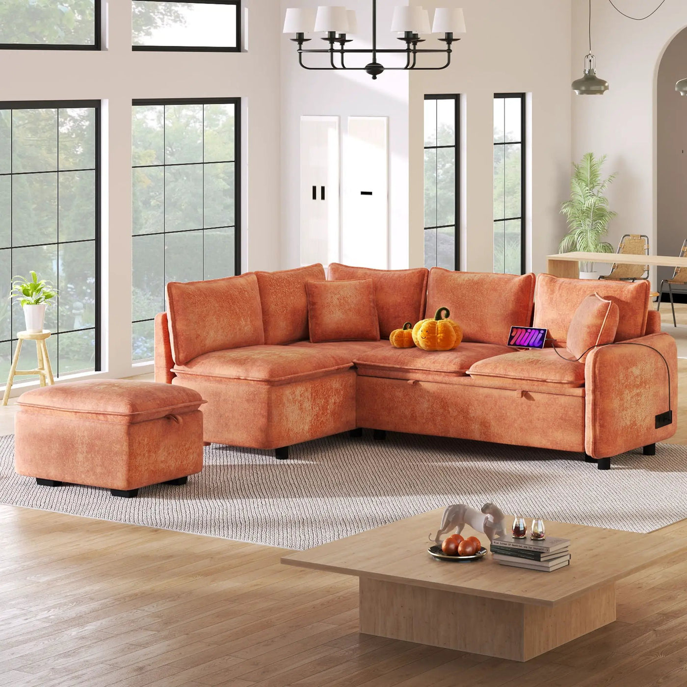 Convertible Sofa Bed Sectional Sofa Sleeper L-Shaped Sofa With A Storage Ottoman, Two Pillows, Two Power Sockets And Two USB Ports For Living Room by HouseOfZazla