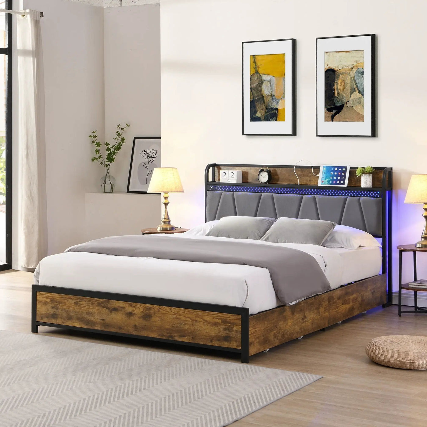 Contemporary Bed Frame With Storage Headboard, Charging Station, LED Lights by HouseOfZazla