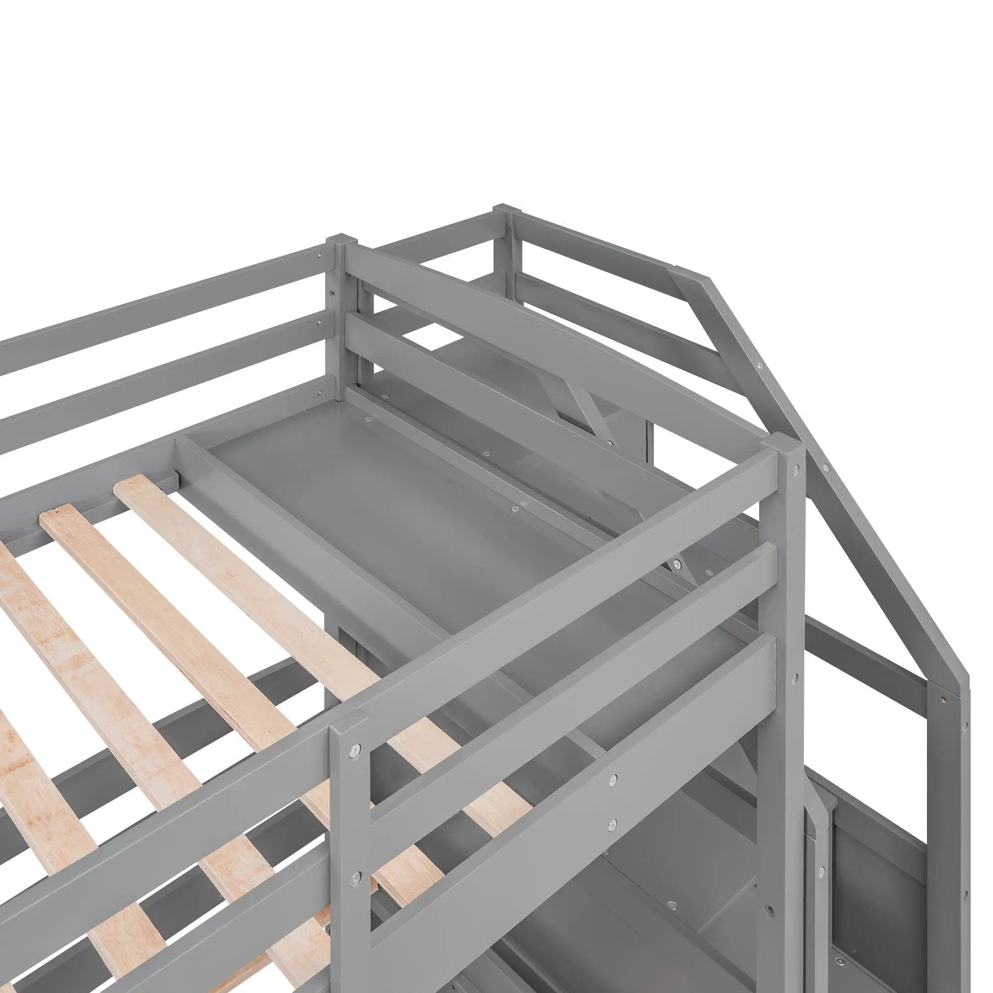 Twin Over Twin & Twin Bunk Bed With Drawers, Staircase Storage, Built In Shelves - Gray by HouseOfZazla