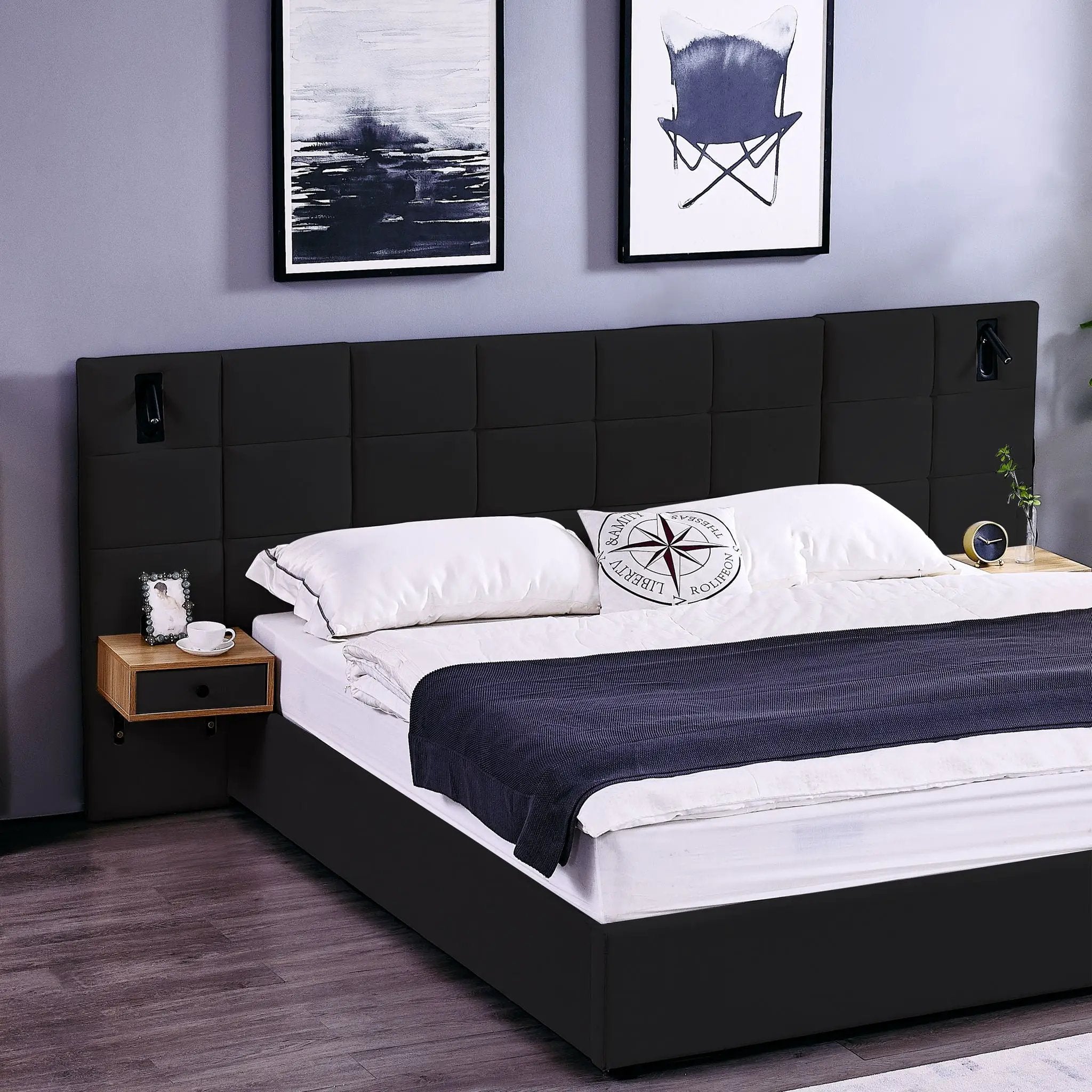 Upholstered Hydraulic Platform Bed With Storage Shelves, Reading Lamps, USB Port by HouseOfZazla