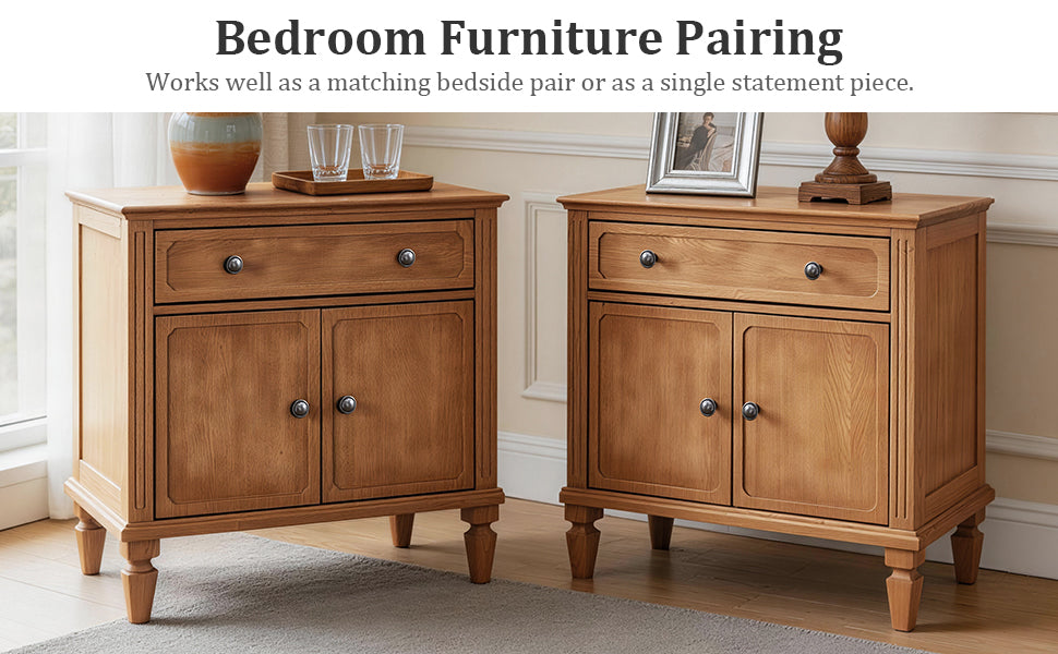 Farmhouse Nightstand with Charging Station, Drawer & Double-Door Cabinet - Natural or Walnut, photo 5 of 10