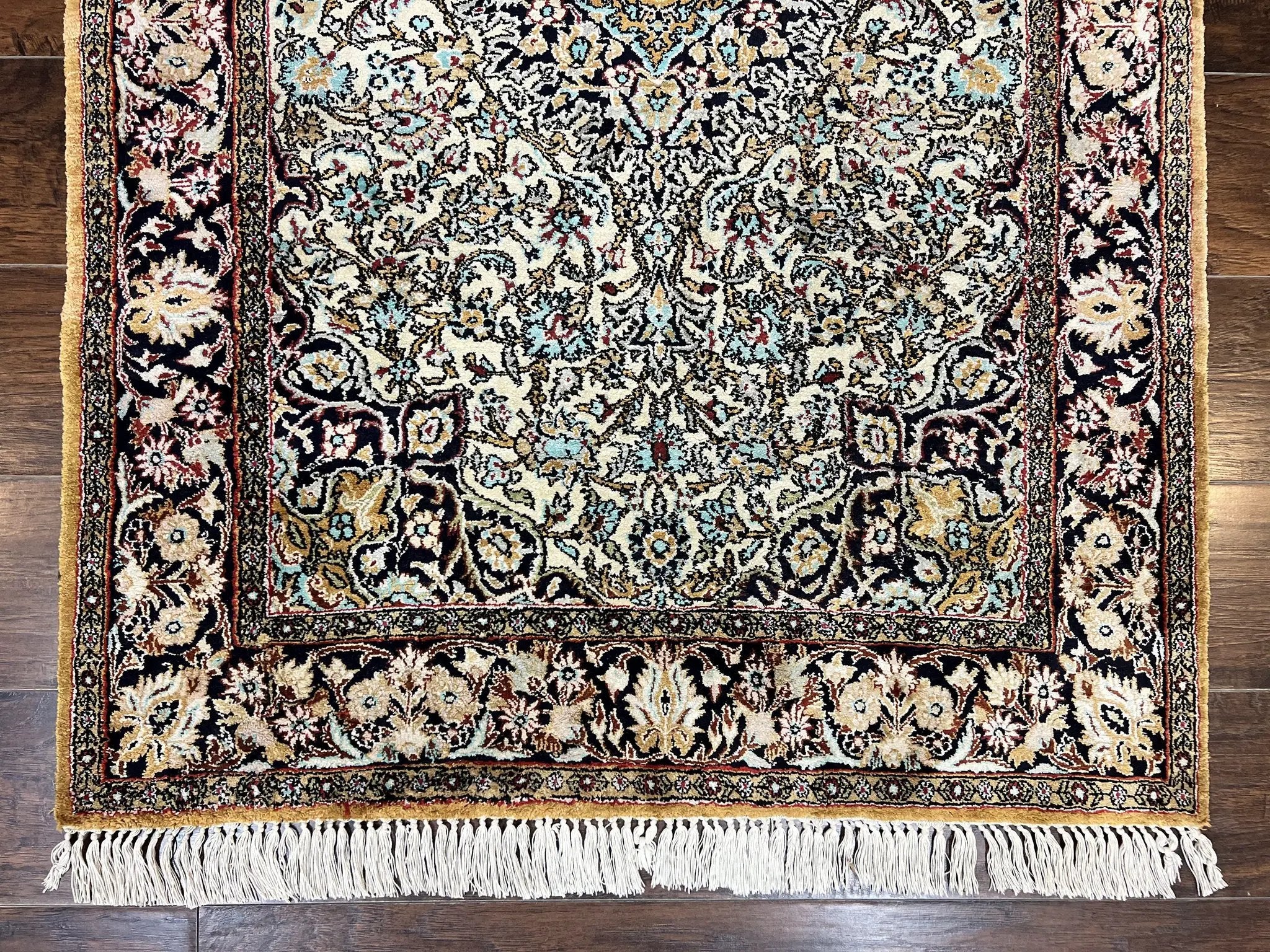 Silk Persian Qum Rug 4x5, Hand Knotted Vintage Carpet, Cream & Navy Blue, Silk Pile on Silk Foundation, Very Fine 360 KPSI by Jewel Rugs