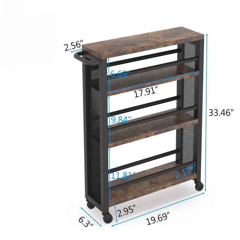 Slim 4 Tier Rolling Utility Cart With Wheels, Narrow Kitchen Storage Trolley - Brown / Black by HouseOfZazla