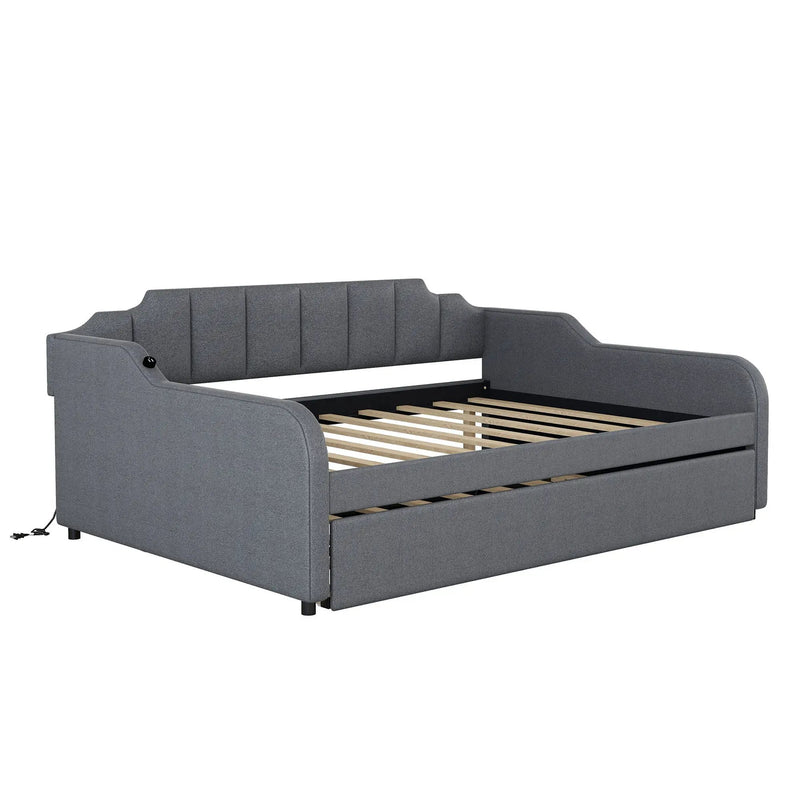 Full Size Upholstered Daybed With Trundle And USB Charging - Gray by Unique Piece Furniture