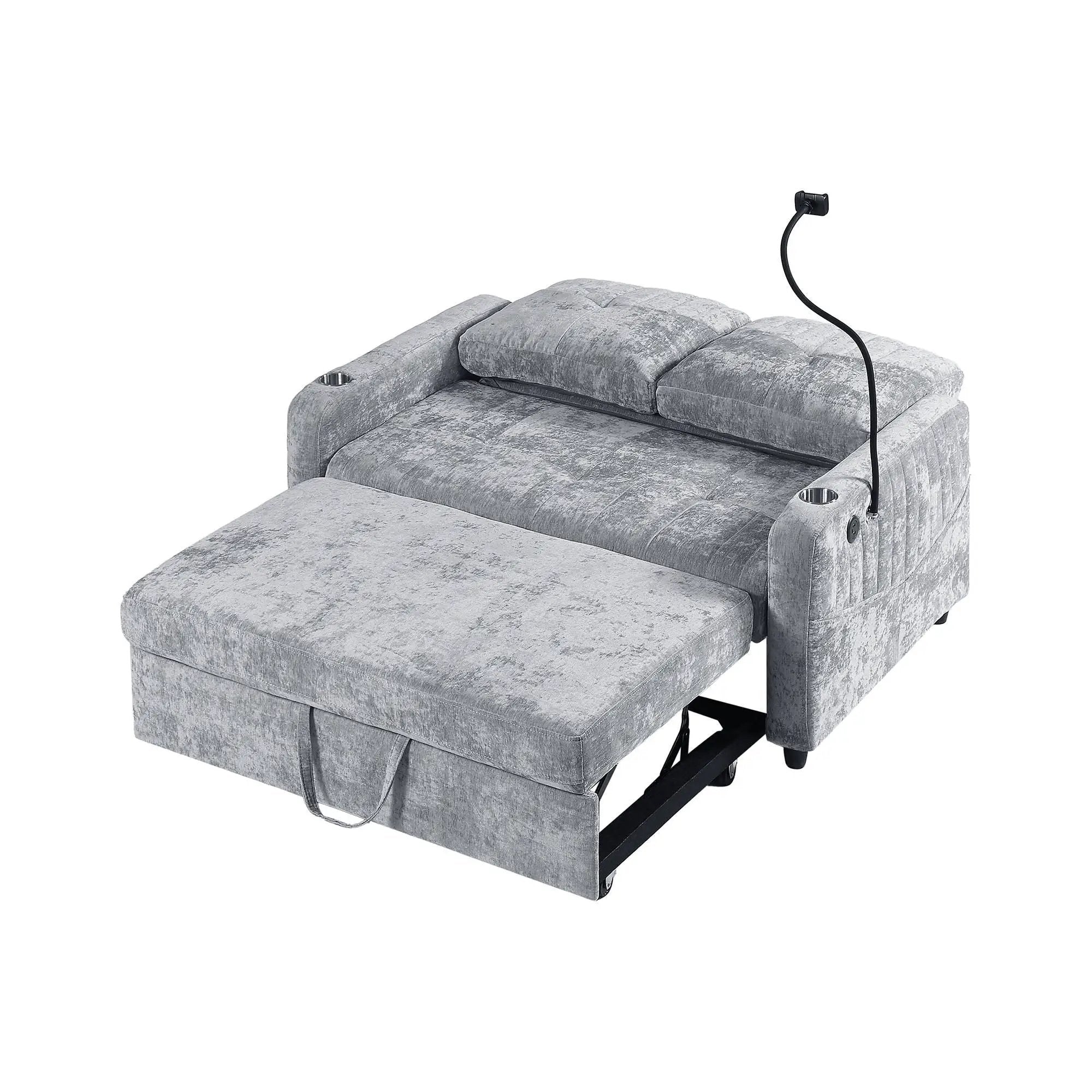 Modern Loveseat Pull Out Sofa Bed With Adjustable Backrest, Two Cup Holders, A Phone Holder, Three Charging Ports And Side Storage Pockets For Living Room by HouseOfZazla