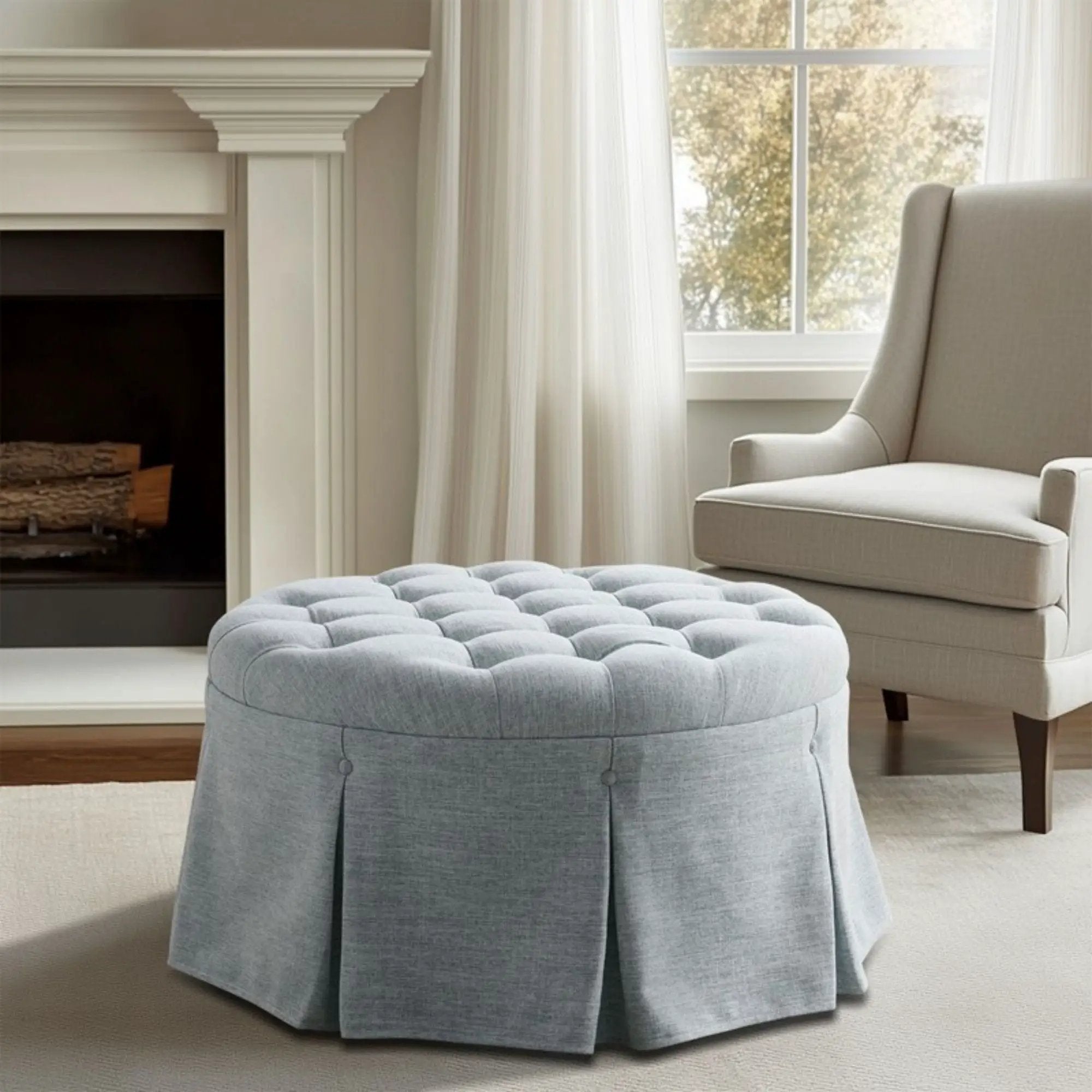 Skirted Tufted Round Ottoman With Button Top - Gray by Unique Piece Furniture