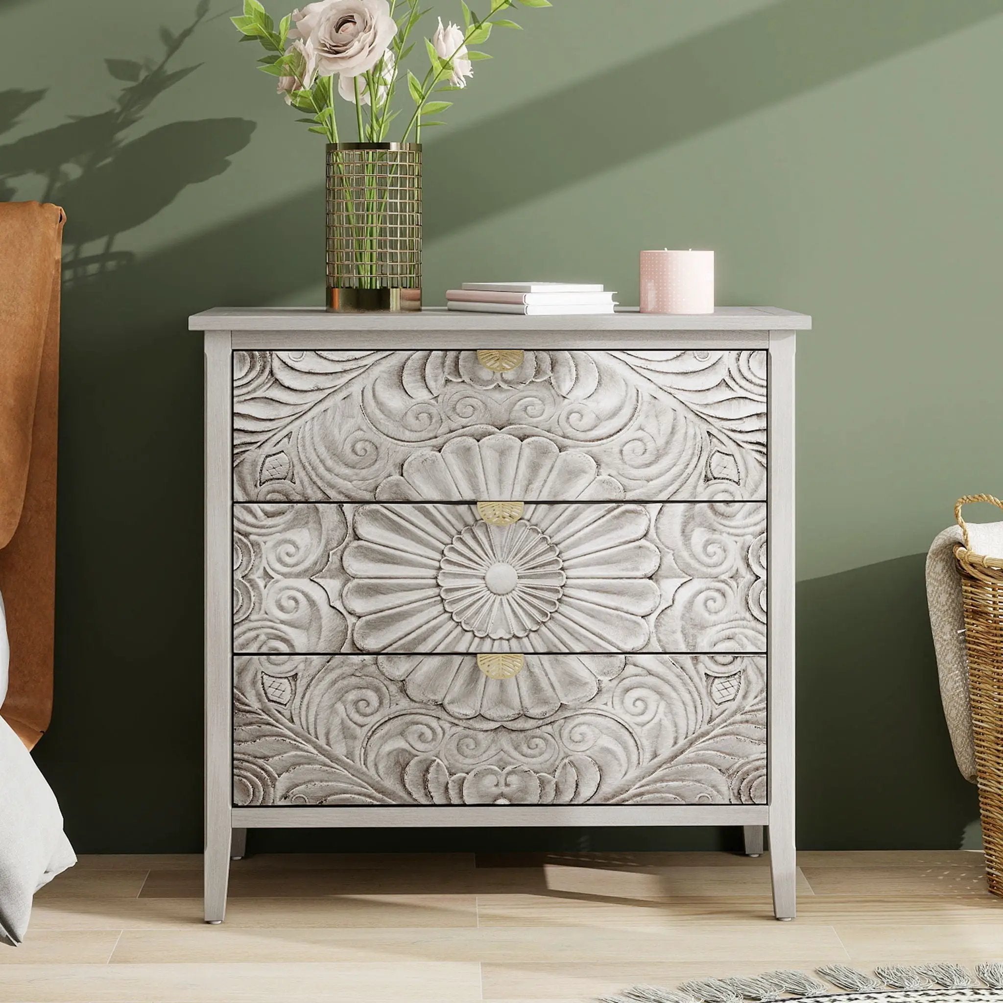 3 Drawer Cabinet, American Furniture, Suitable For Bedroom, Living Room - Light Gray by HouseOfZazla