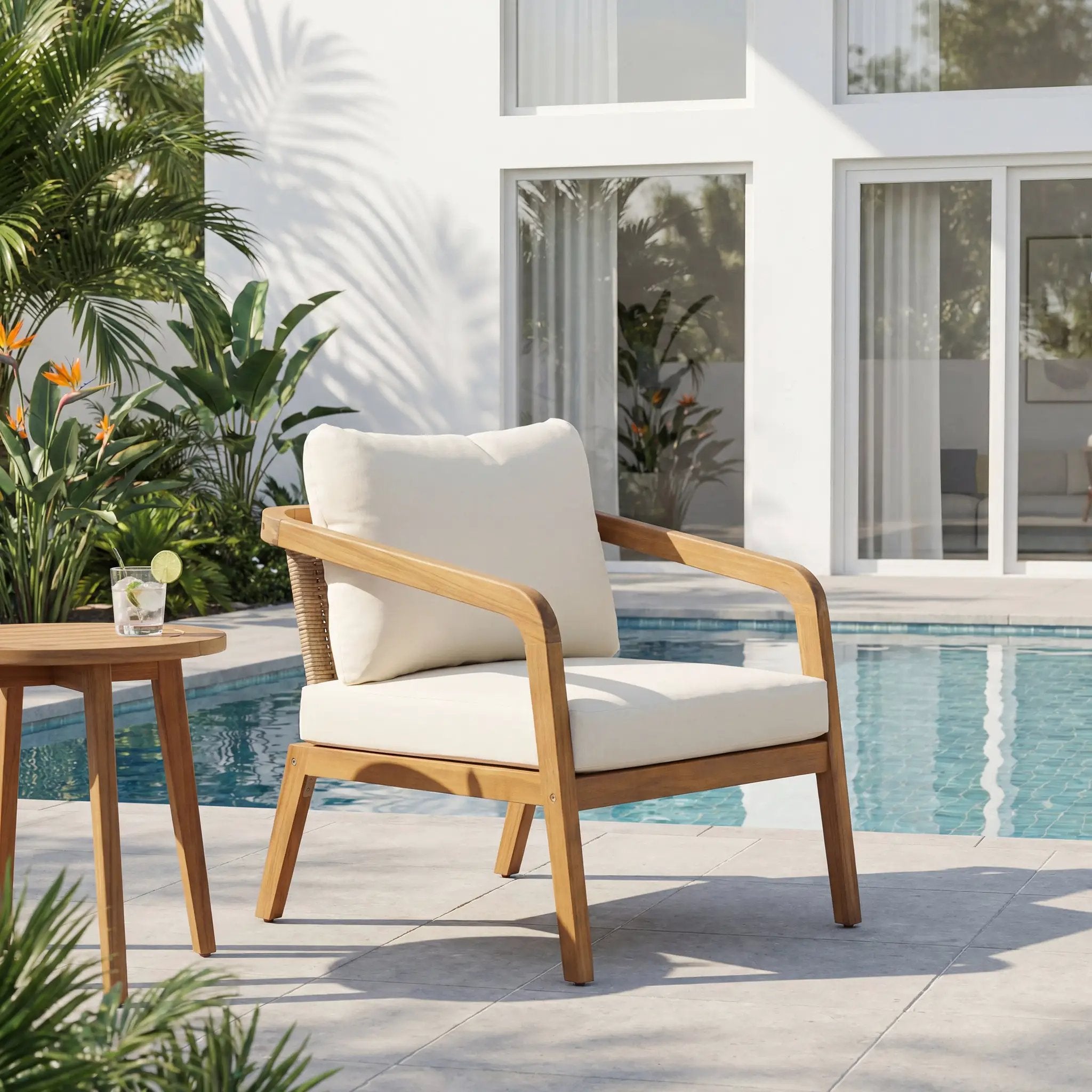 Acacia Wood Outdoor Patio Club Chair with PE Wicker Backrest & Cushions by HouseOfZazla