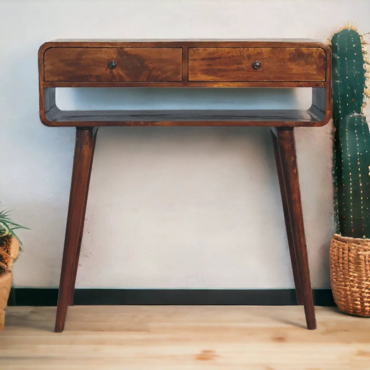 Sonata Chestnut Console Table, Nordic Legs, 2-Drawers, Open Slot by HouseOfZazla
