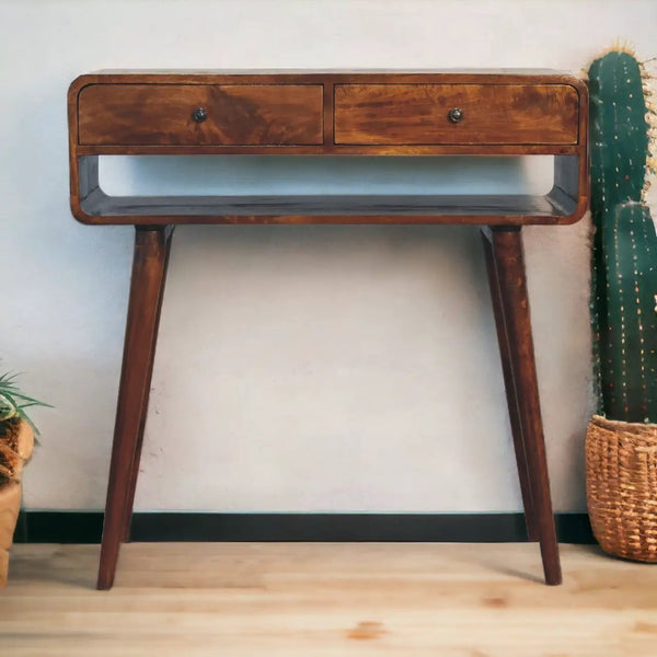 Sonata Chestnut Console Table, Nordic Legs, 2-Drawers, Open Slot