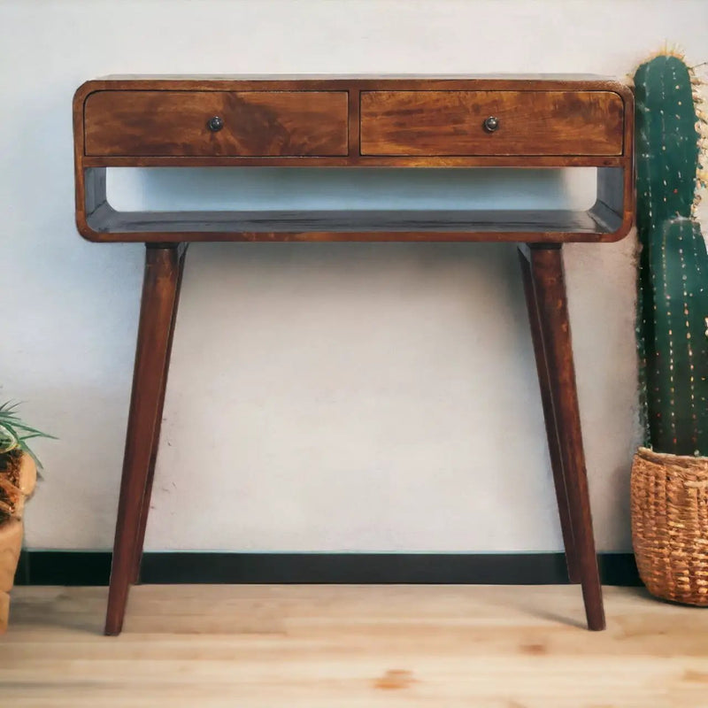Sonata Chestnut Console Table, Nordic Legs, 2-Drawers, Open Slot by HouseOfZazla