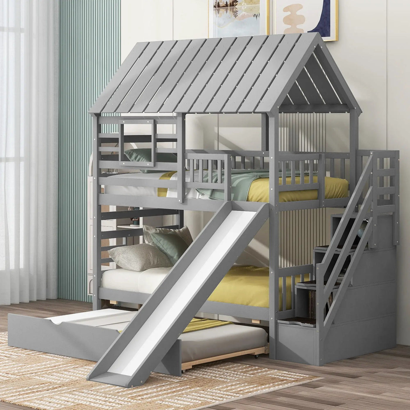House Bunk Bed With Trundle, Storage Staircase, Roof And Window Design by HouseOfZazla