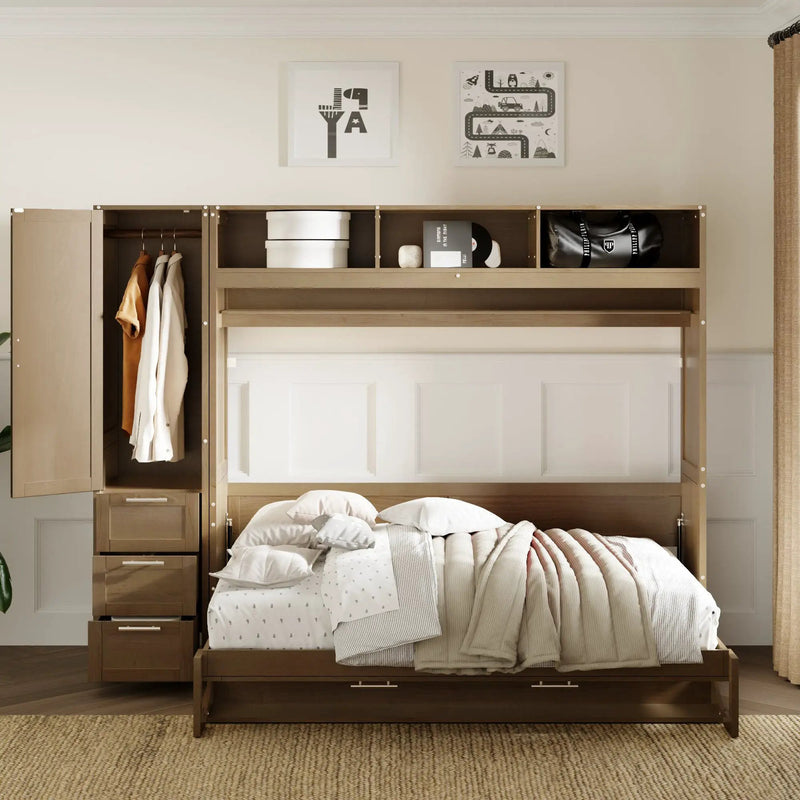 Full Size Murphy Bed With Wardrobe, Drawers, And Open Shelves - Wood by Unique Piece Furniture