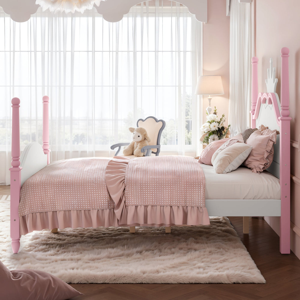 Full Size Crown Shaped Platform Bed, Four Poster Stylish Wooden Bed Frame, Elegant Curved Headboard Bed Frame For Bedroom,White&Pink, photo 3 of 10