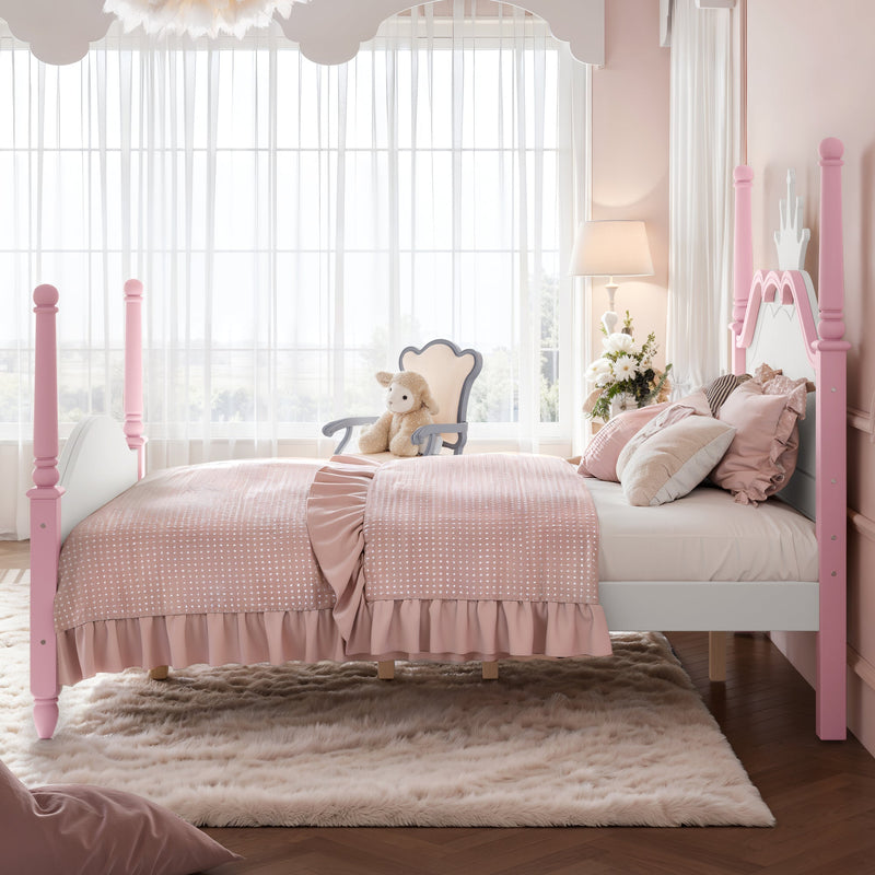 Full Size Crown Shaped Platform Bed, Four Poster Stylish Wooden Bed Frame, Elegant Curved Headboard Bed Frame For Bedroom,White&Pink, photo 3 of 10