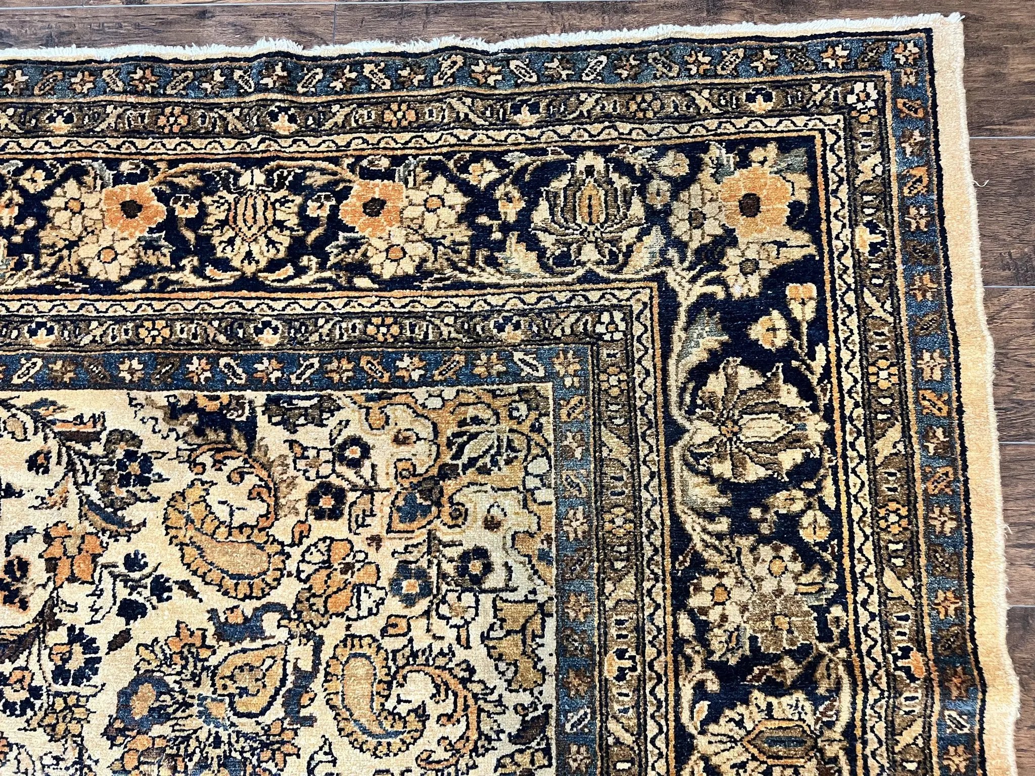 Antique Persian Rug 9x11, Wool Handmade 1920s Oriental Carpet, Persian Hamadan Anjelas Rug, Cream Black, Floral Allover Oriental Rug 9 x 11 Room Sized Rug by Jewel Rugs