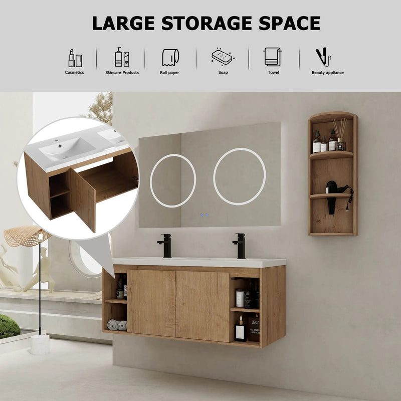 Modern 48" Wall Mounted Bathroom Vanity With Double Resin Sink And Storage Rack Soft Close Doors - Imitative Oak by HouseOfZazla