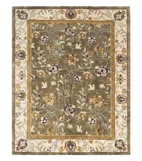 8x10 Tibetan Rug, Green & Beige Floral Rug, Large Handmade Wool Rug