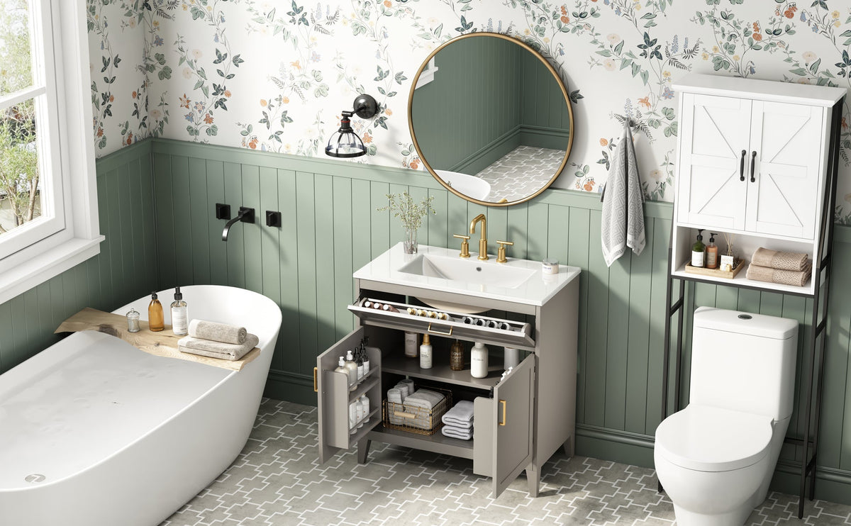 30" Bathroom Vanity with Ceramic Sink Top and Solid Wood Legs - Beige or Wood, photo 3 of 10