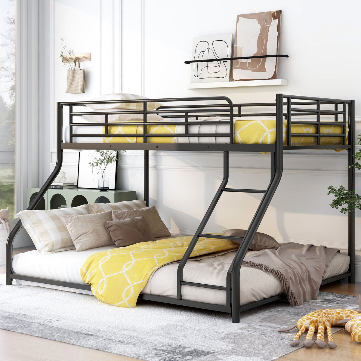 Metal Floor Bunk Bed with Sloped Ladder - Space Saving Design, Black, photo 6 of 12