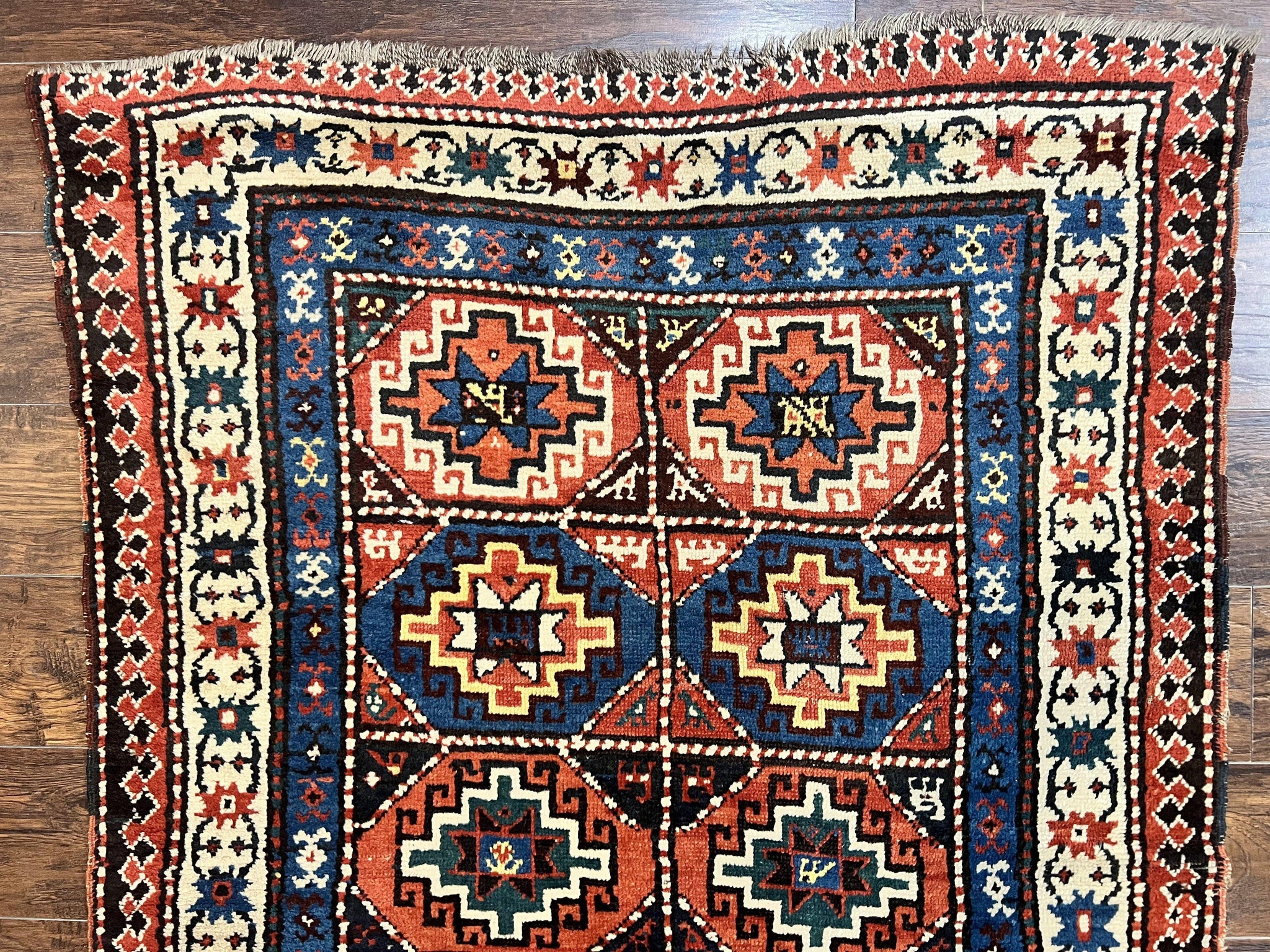 Antique Caucasian Kazak Runner Rug 4 x 9.5, Handmade Wool Rug for Hallway, Rare Colorful Panel Design Mid 19th Century 1870s Oriental Carpet by Jewel Rugs