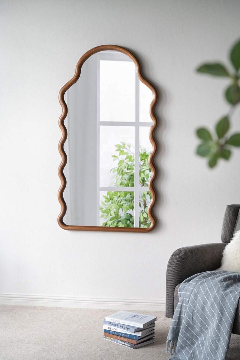 Wood Mirror With Unique Frame - Full-Length Arched Mirror with Pine Frame - Brown