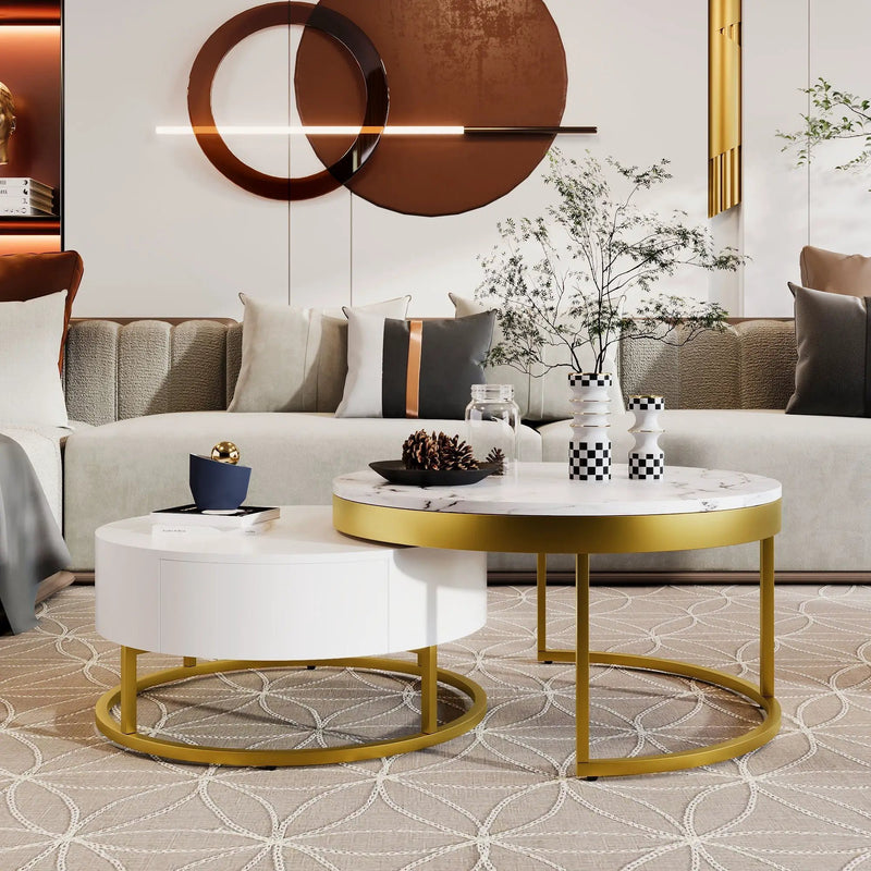 Round Nesting Coffee Table with Drawers - Golden / White by HouseOfZazla