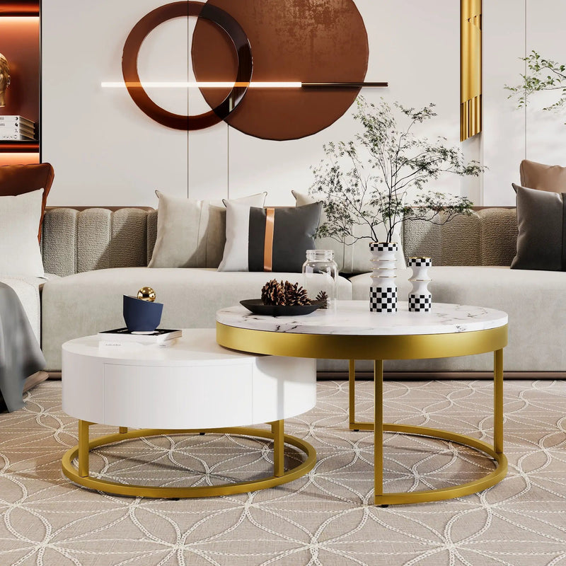 Round Nesting Coffee Table With Drawers - Golden / White by Unique Piece Furniture