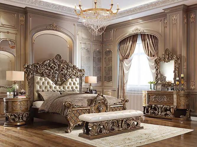 Constantine - Eastern King Bed - Synthetic Leather , Light Gold, Brown & Gold by Unique Piece Furniture