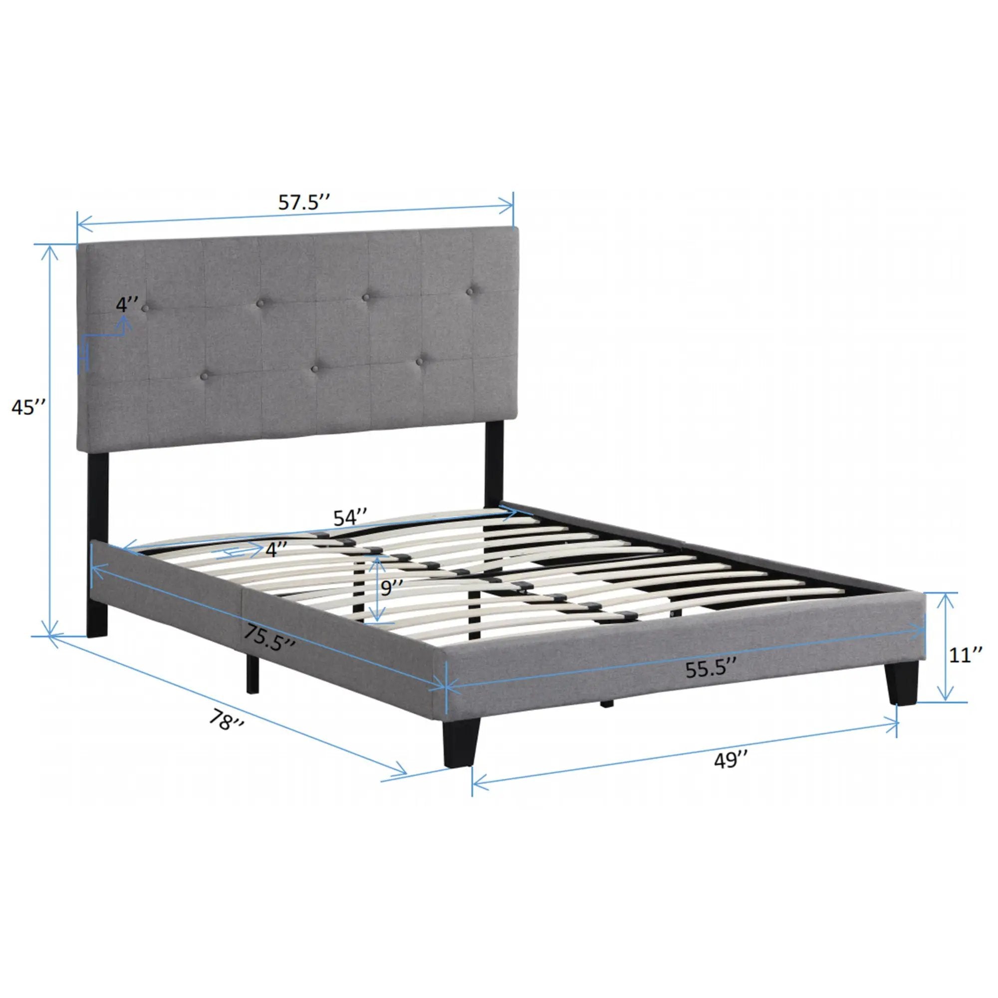 Full Size Upholstered Platform Bed Frame With Modern Button Tufted Linen Fabric Headboard, No Box Spring Needed, Wood Slat Support - Gray by HouseOfZazla