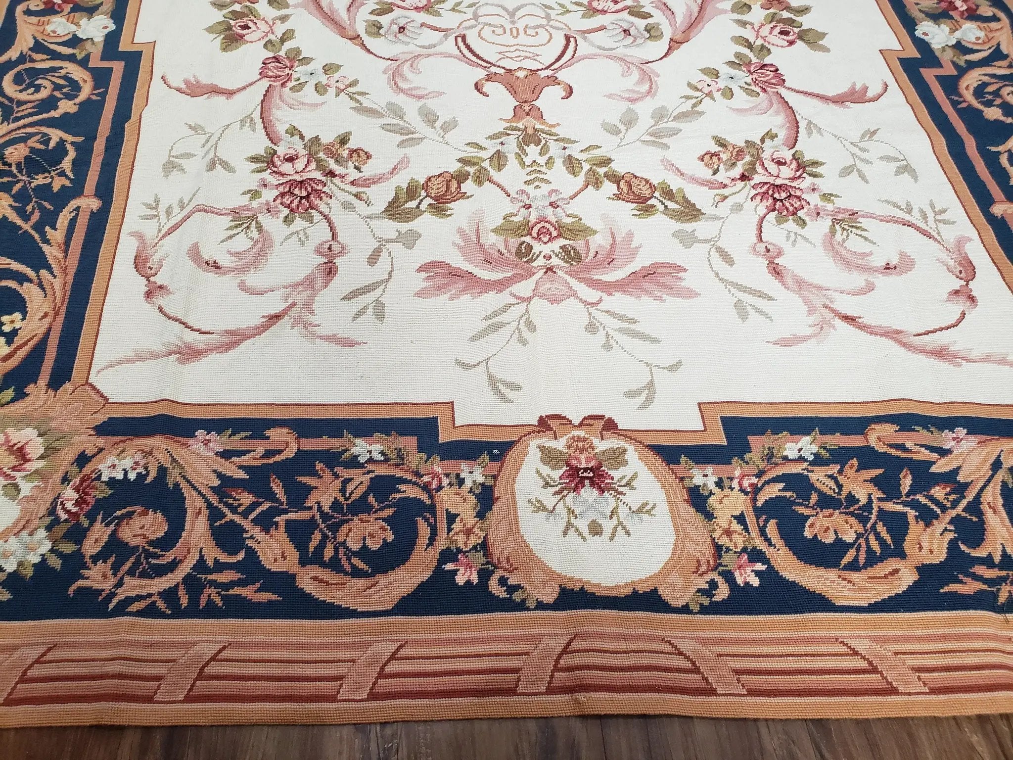 Chinese Aubusson Savonnerie Area Rug 6x8, Vintage Hand-Woven Needlepoint Rug, Flat Weave Handmade Wool Carpet Living Room Ivory & Navy Blue by Jewel Rugs