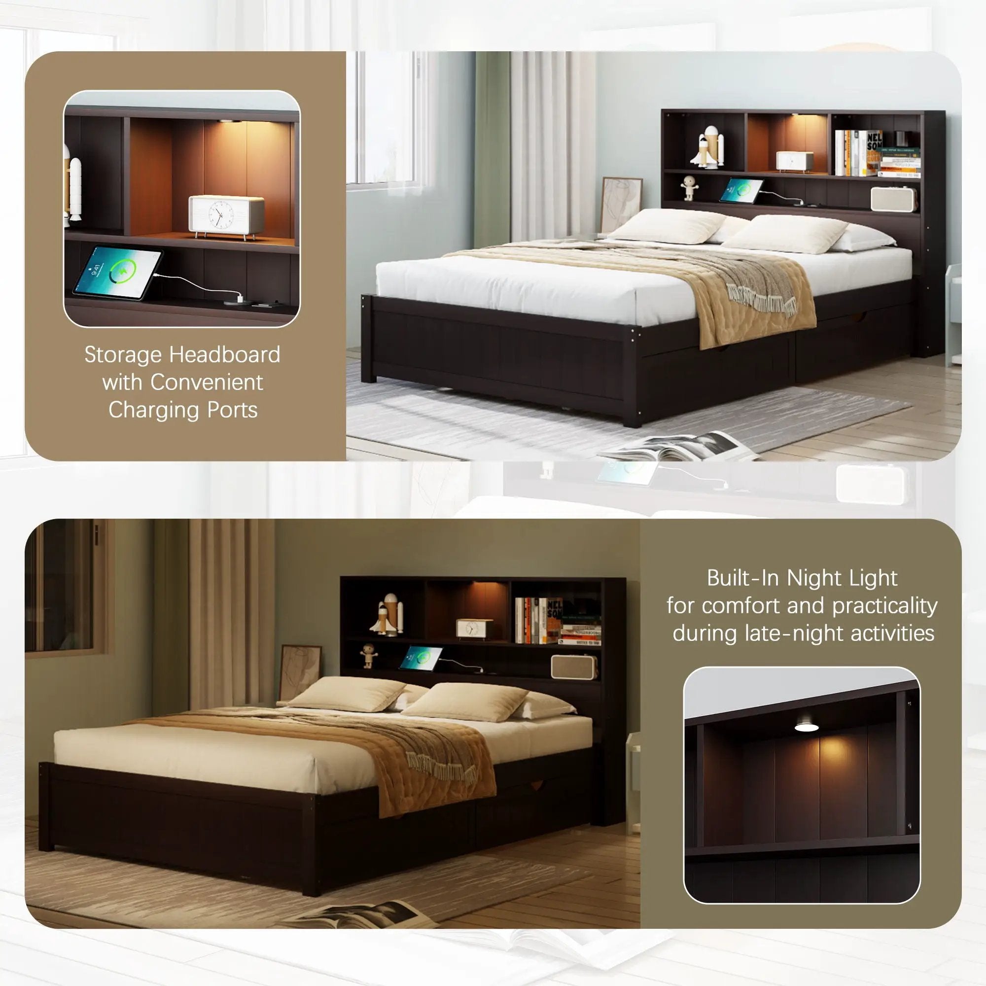 Platform Bed With Bookcase Headboard, Built-In Downlight, Charging Station, And 2 Side Drawers by Unique Piece Furniture