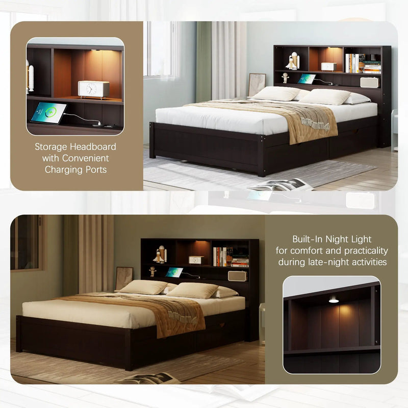 Platform Bed With Bookcase Headboard, Built-In Downlight, Charging Station, And 2 Side Drawers by Unique Piece Furniture