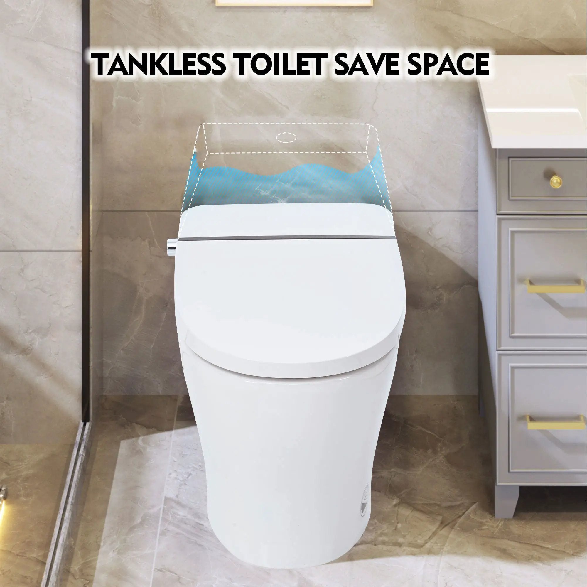 Heated Seat Smart Toilet Without Bidet, Upmarket Compact Dual Flush Toilet 1 / 1.28 Gpf, Tank Less Toilet With Adjustable Temp Heated Seat, Foot Sensor Flush - White Night Light, Knob Control, Power Out by HouseOfZazla