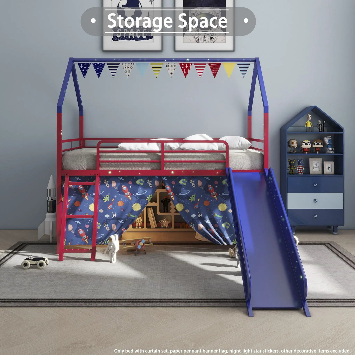 Jack - House Loft Bed With Slide And Curtain Set by HouseOfZazla