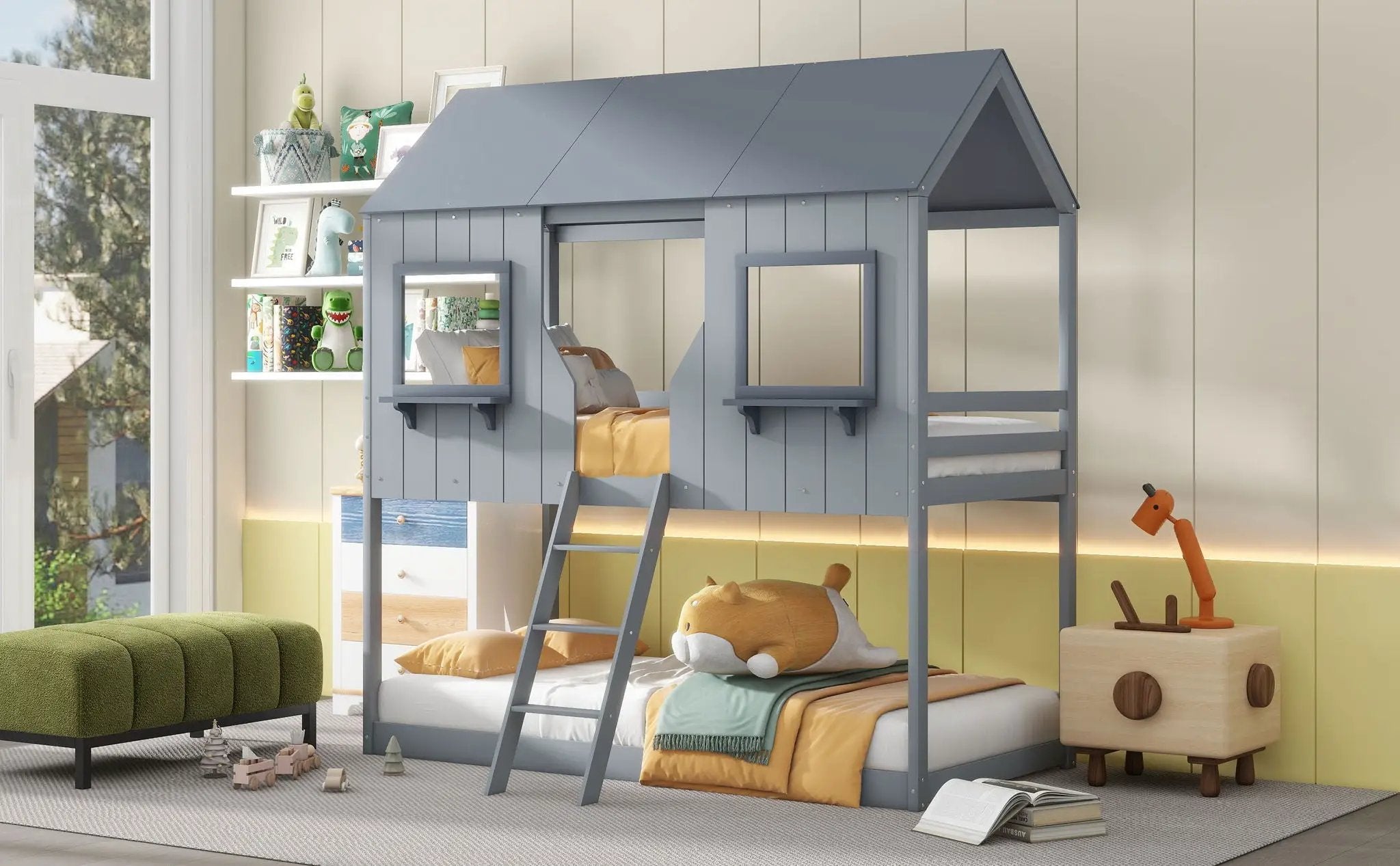 Twin Over Twin Bunk Bed With Roof, Window, Guardrail, Ladder by HouseOfZazla