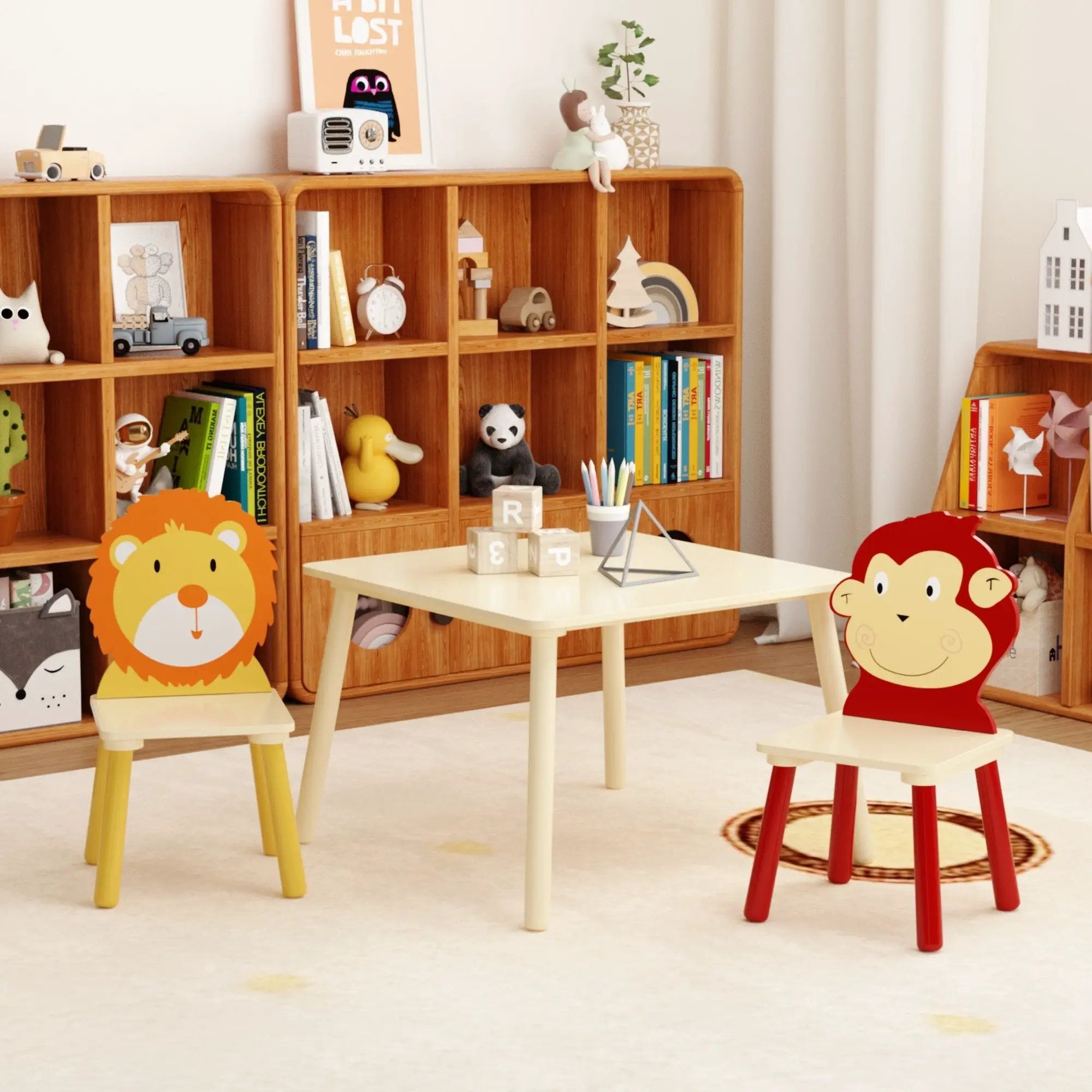 Kids Table And 2 Chairs Set, 3 Pieces Toddler Table And Chair Set, Wooden Activity Play Table Set (Lion&Monkey) - Natural by HouseOfZazla