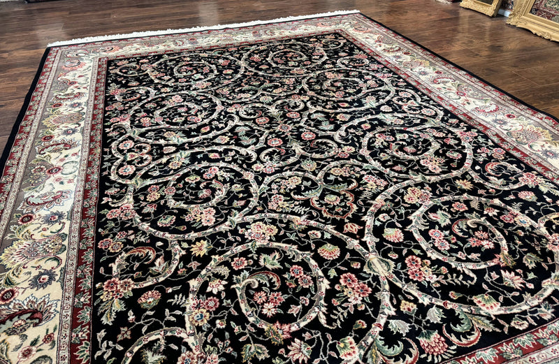 Black Pak Persian Rug 8x11, Floral Pattern, Hand Knotted Vintage Wool Rug with Silk Highlights, Fine 200 KPSI by Jewel Rugs