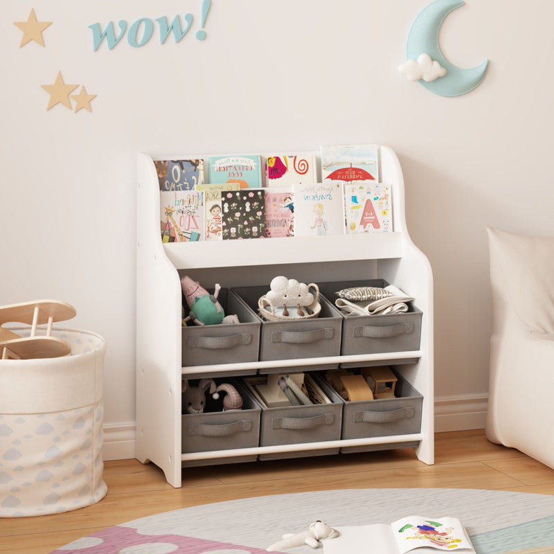 Children's Bookcase with 6 Storage Bins - Multi Functional Organizer - White, photo 2 of 4