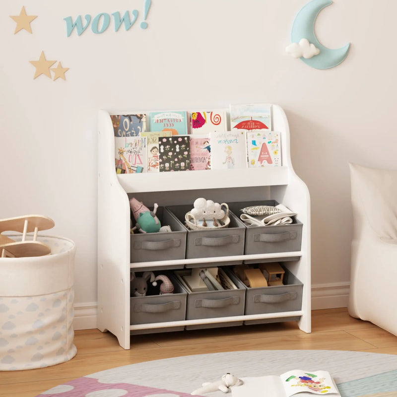 Bookshelf With 6 Storage Bins, Multi Functional Children's Bookcase And Toy Organizer - White by HouseOfZazla