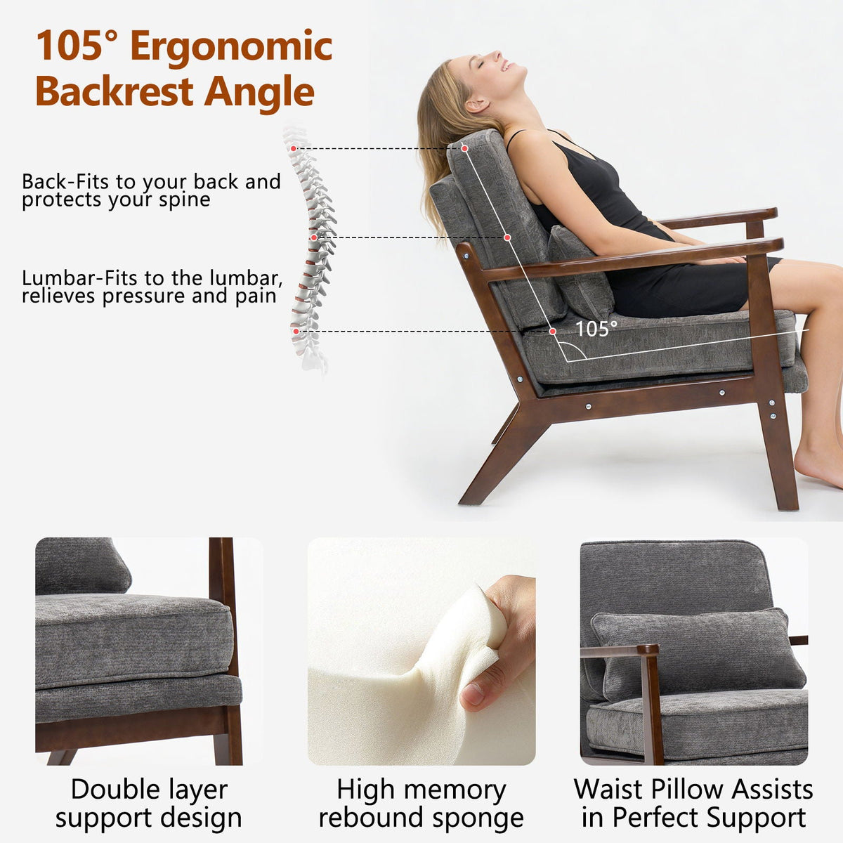 Living Room Chair with Lumbar Pillow and Solid Wood Frame - Dark Gray, Dark Green, Beige, photo 19 of 40
