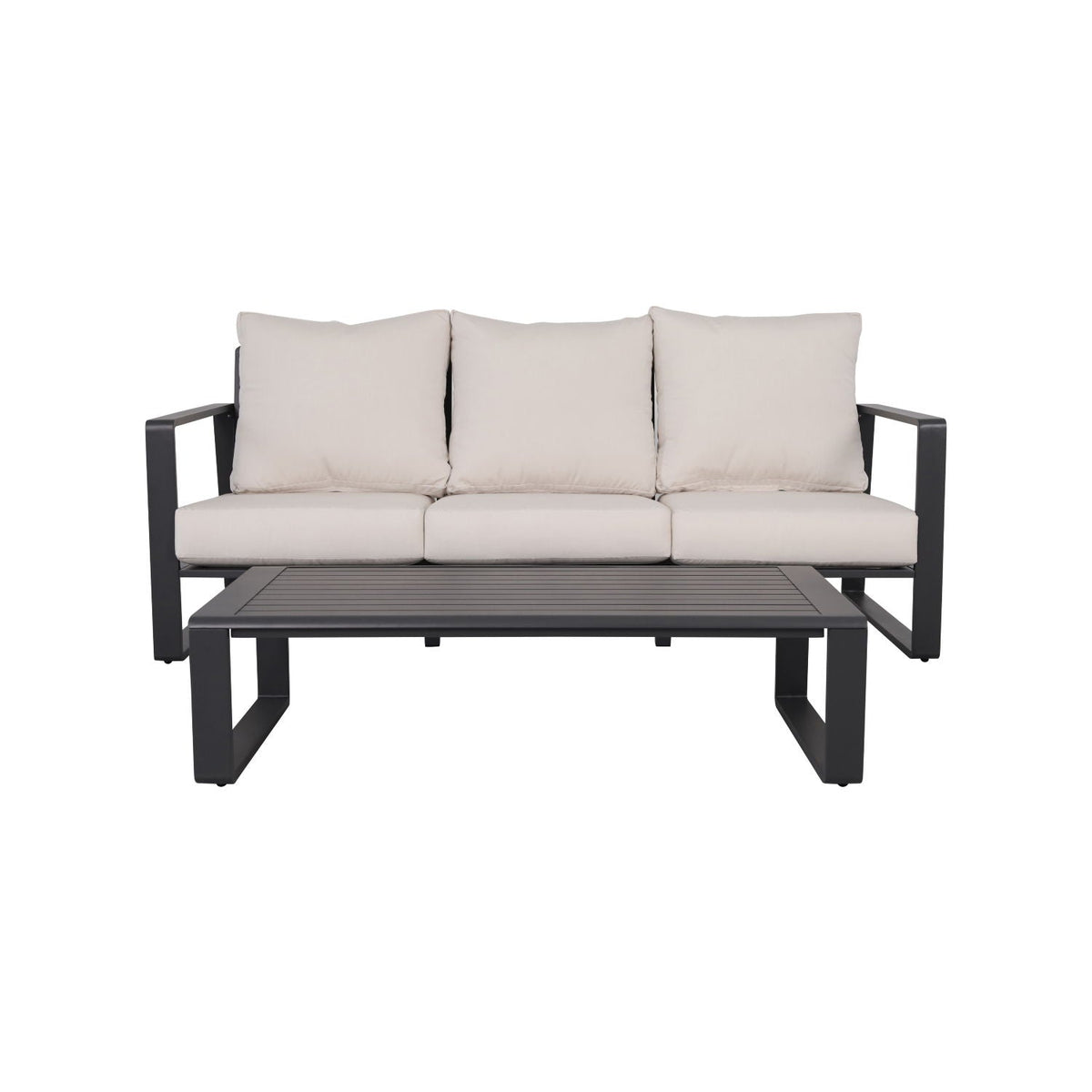 Beige 3 Person Sofa Set with Rectangular Coffee Table and Cushions - Durable Aluminum Frame