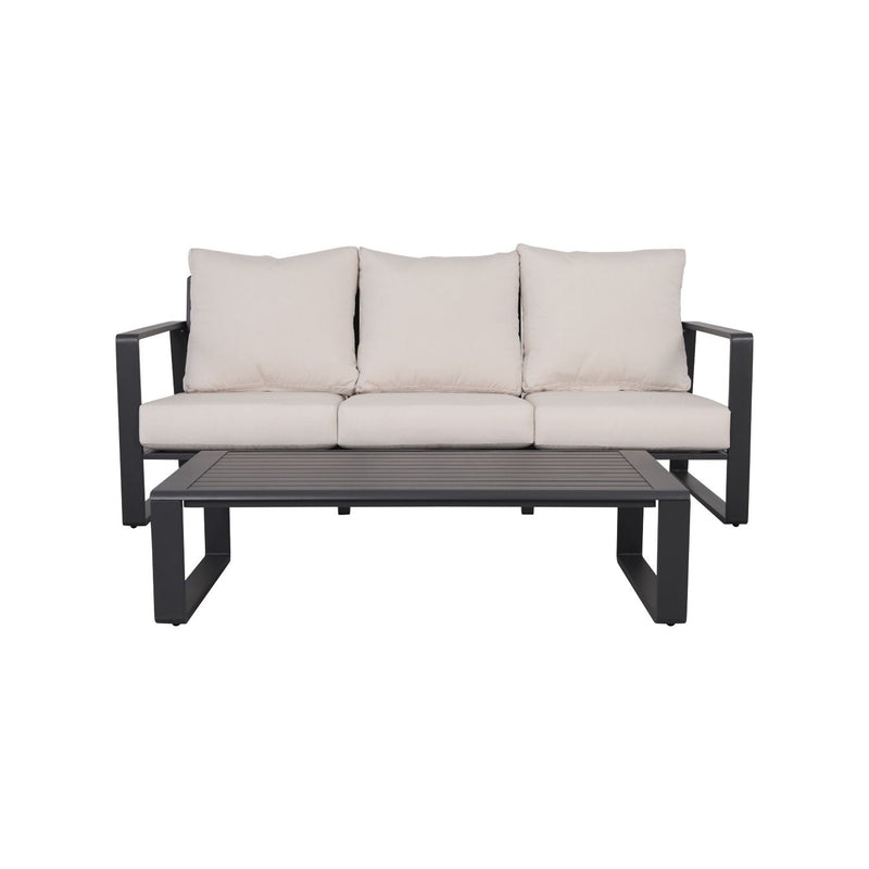 Beige 3 Person Sofa Set with Rectangular Coffee Table and Cushions - Durable Aluminum Frame
