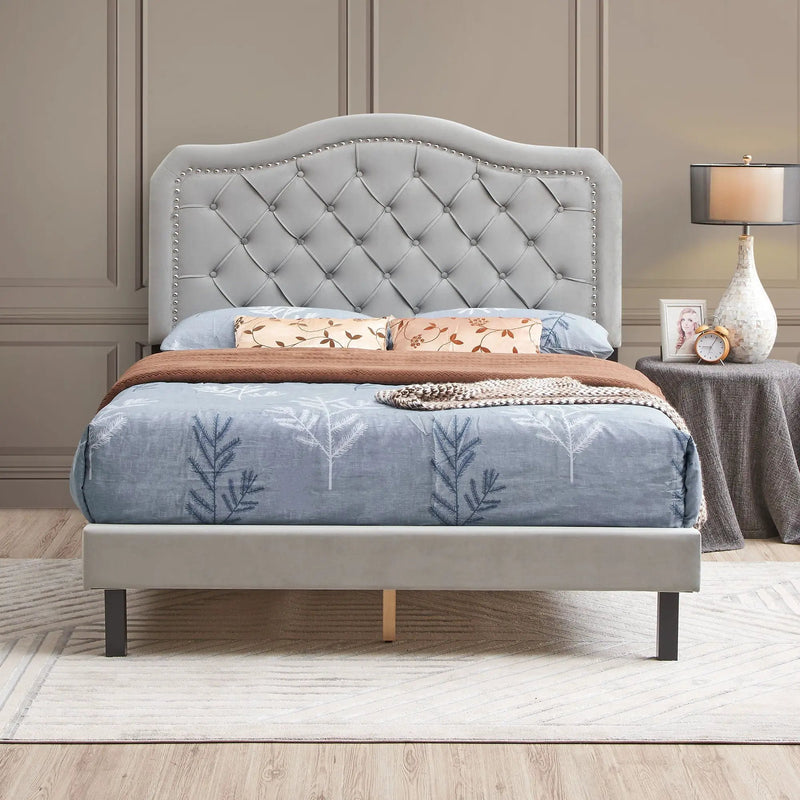 Queen Platform Upholstered Bed Button Tufted With Curve Design, Strong Wood Slat Support - Gray by Unique Piece Furniture