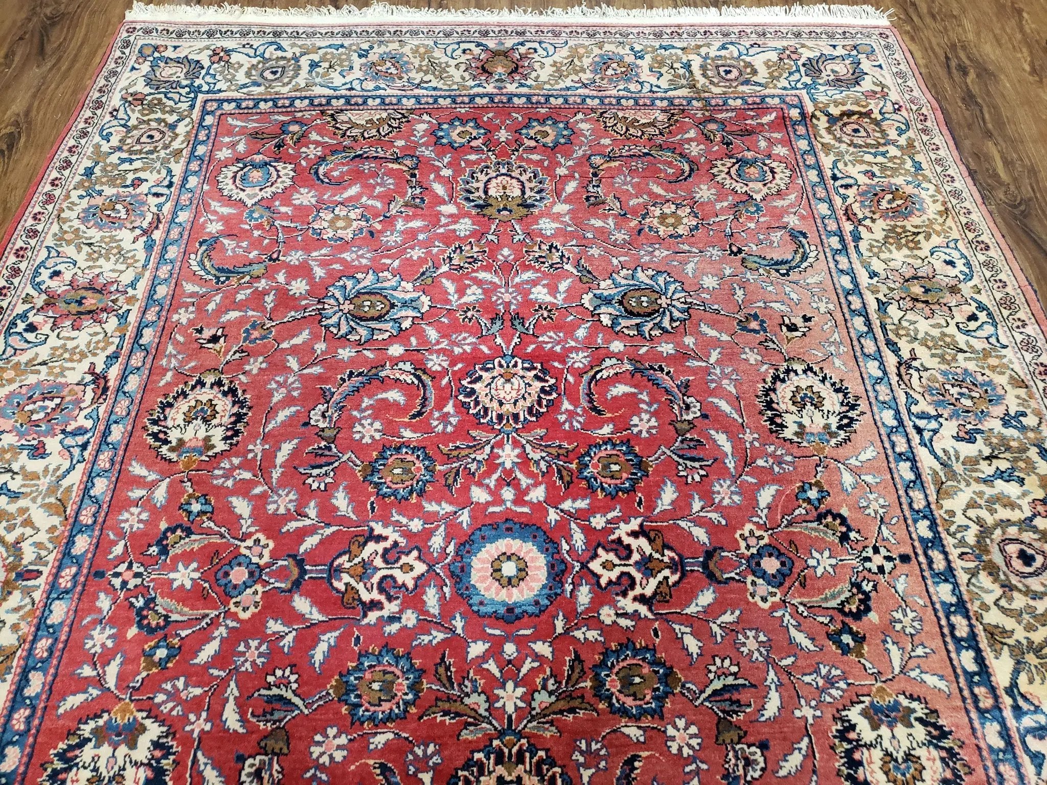 Semi Antique Persian Kashan Rug, Red & Beige, Hand-Knotted, Wool, 4'7" x 6' 6", Pair B by Jewel Rugs