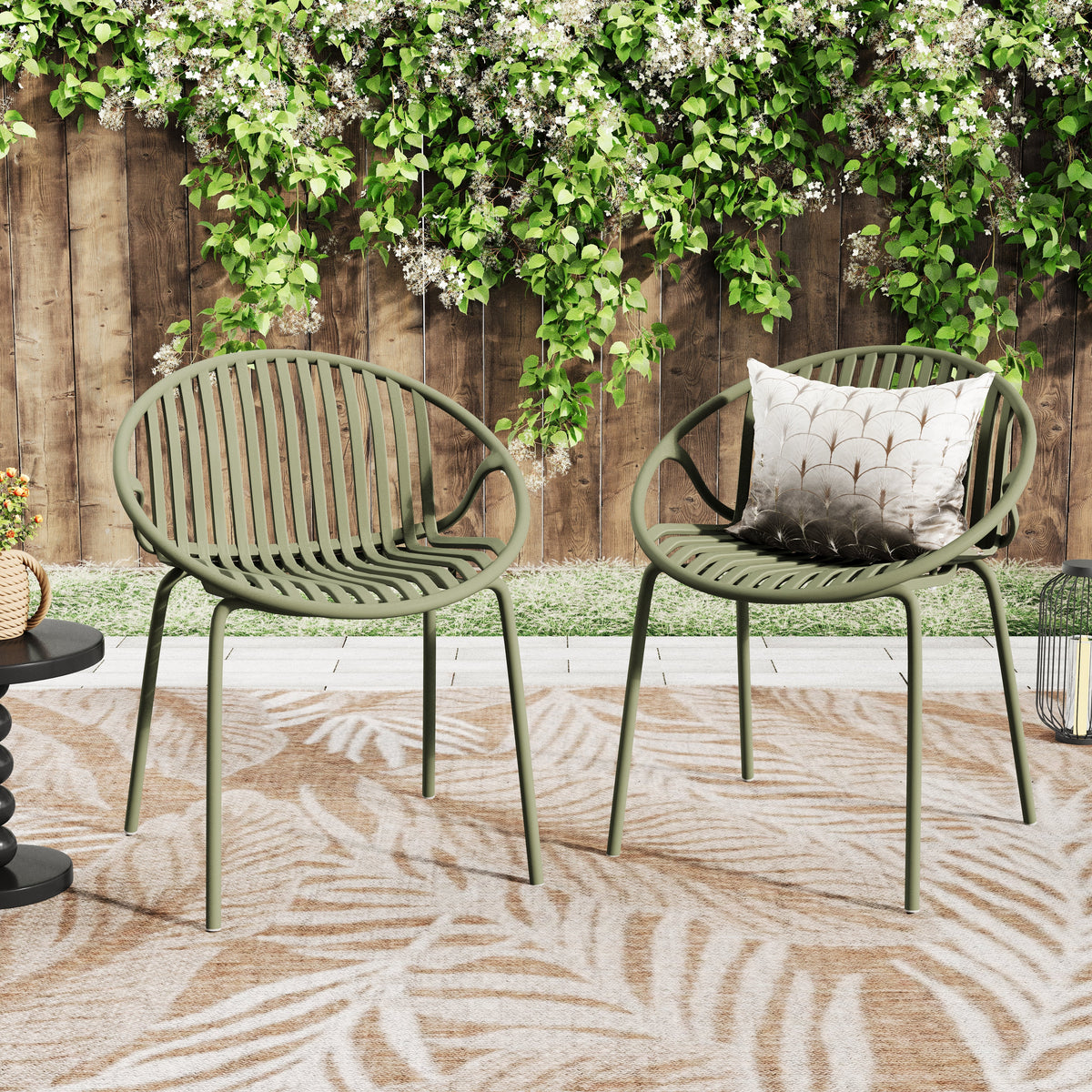 Stackable Patio Dining Chairs Set of 2 with Metal Legs - Black, Green or Orange, photo 2 of 10