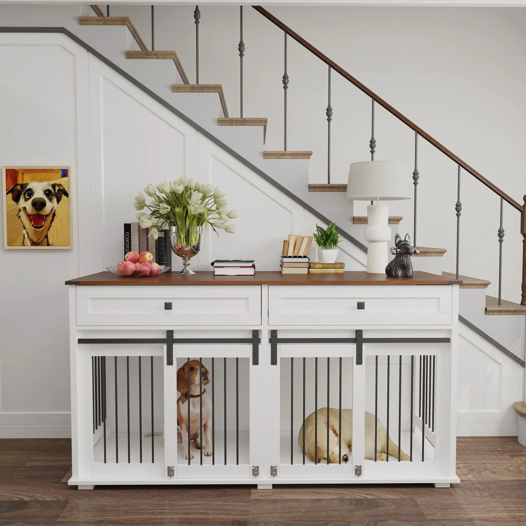 Large Dog Crate, Water Resistant Indoor Pets Furniture Double Dog Crates - Brown White by HouseOfZazla